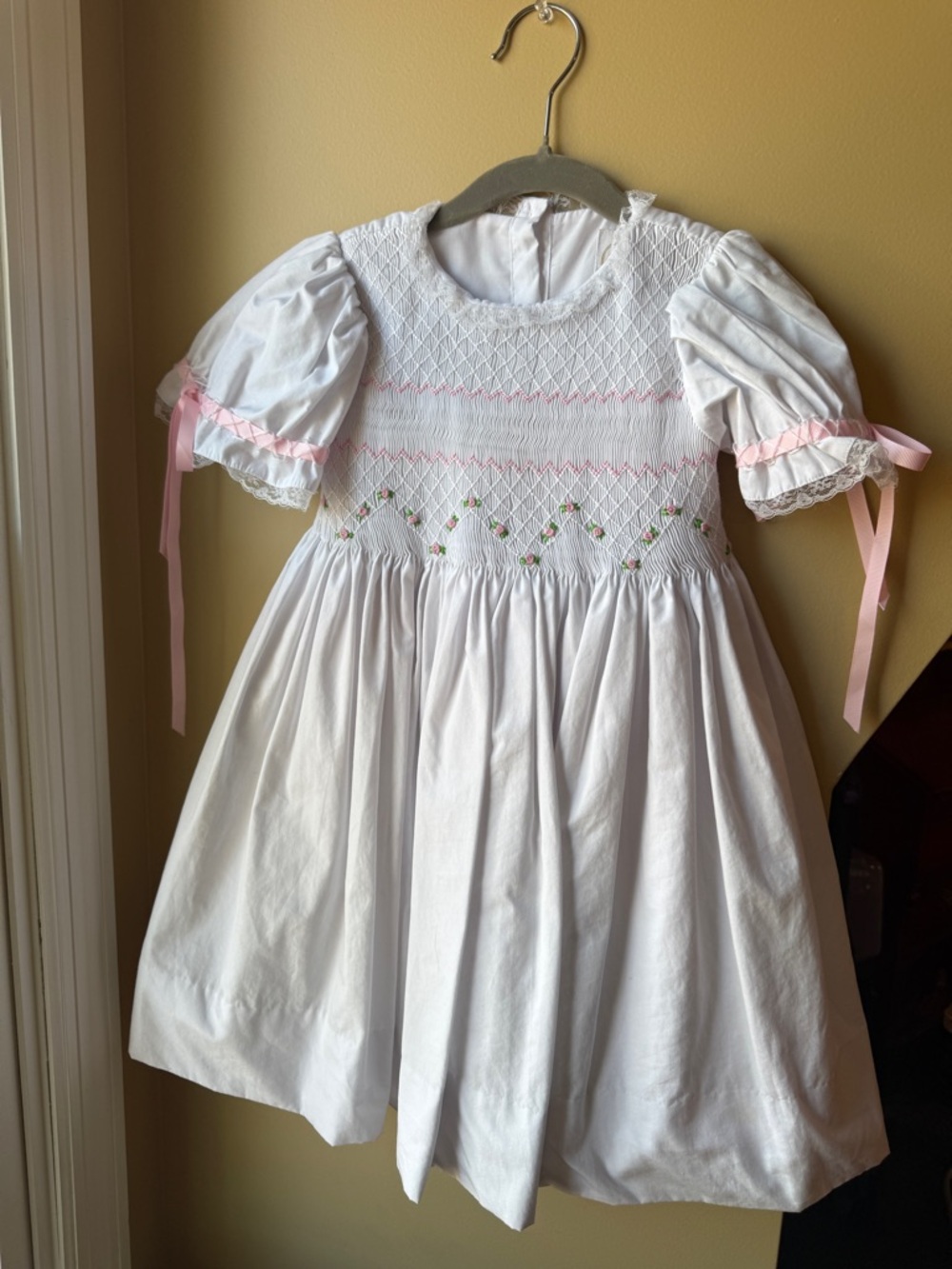 Little Bear Smocked White Dress | Pink Ribbon Detail | Size 5